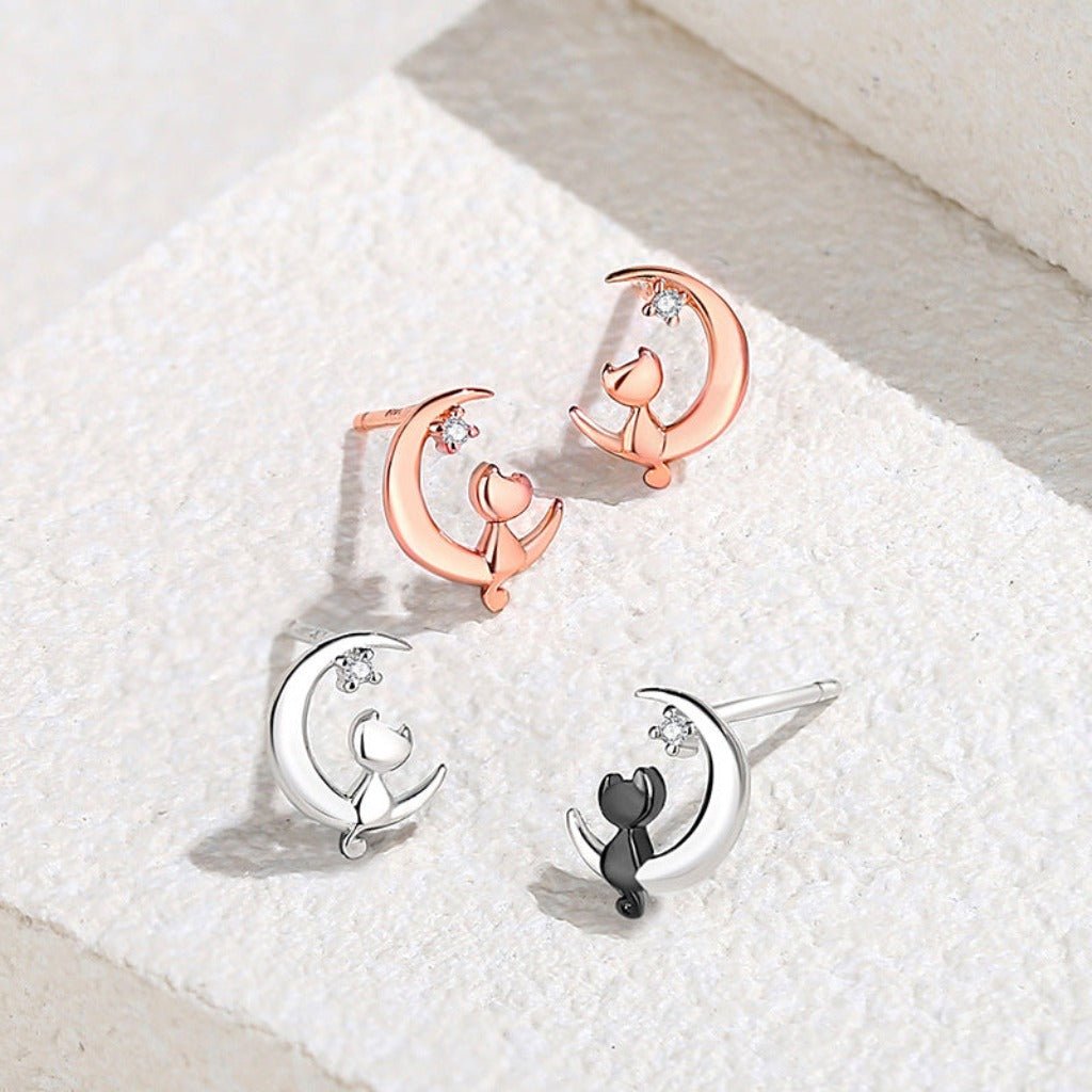 Cute and Compact 925 Sterling Silver Moon Love Cat Stud Earrings Rose Gold