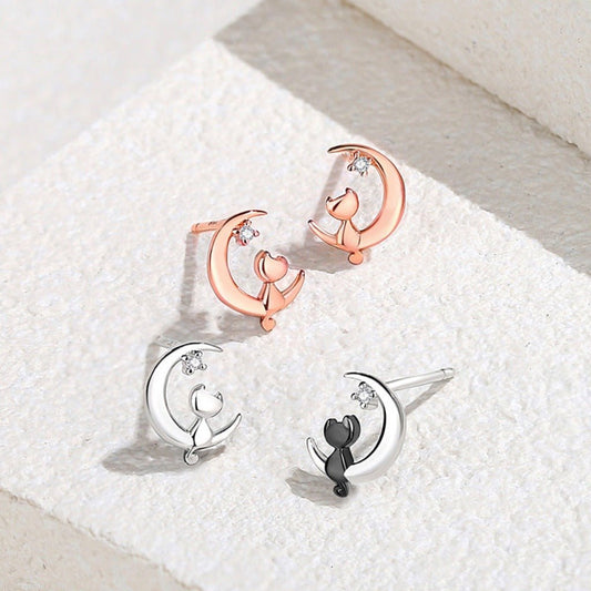 Cute and Compact 925 Sterling Silver Moon Love Cat Stud Earrings Rose Gold