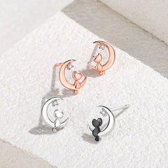 Cute and Compact 925 Sterling Silver Moon Love Cat Stud Earrings Rose Gold