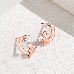 Cute and Compact 925 Sterling Silver Moon Love Cat Stud Earrings Rose Gold