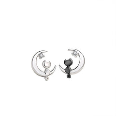 Cute and Compact 925 Sterling Silver Moon Love Cat Stud Earrings Rose Gold