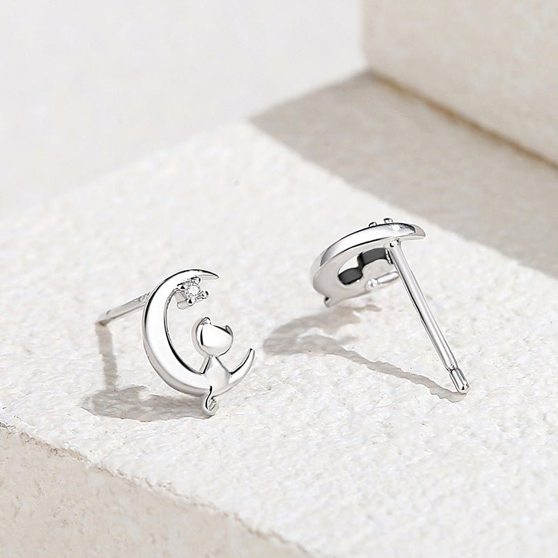 Cute and Compact 925 Sterling Silver Moon Love Cat Stud Earrings Rose Gold