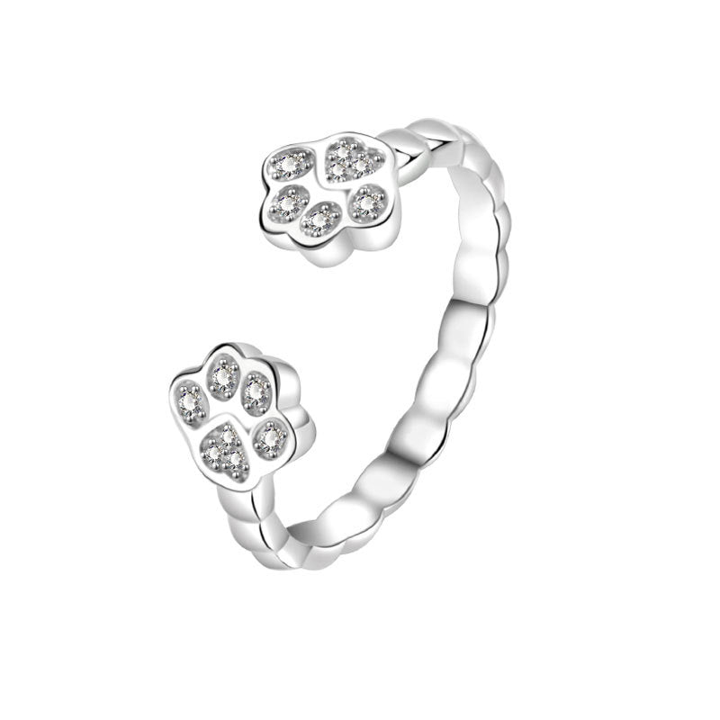 Cute Animal Footprints Open - End Cat Ring for Adorable Feline Charm White Gold Color