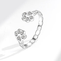 Cute Animal Footprints Open - End Cat Ring for Adorable Feline Charm White Gold Color