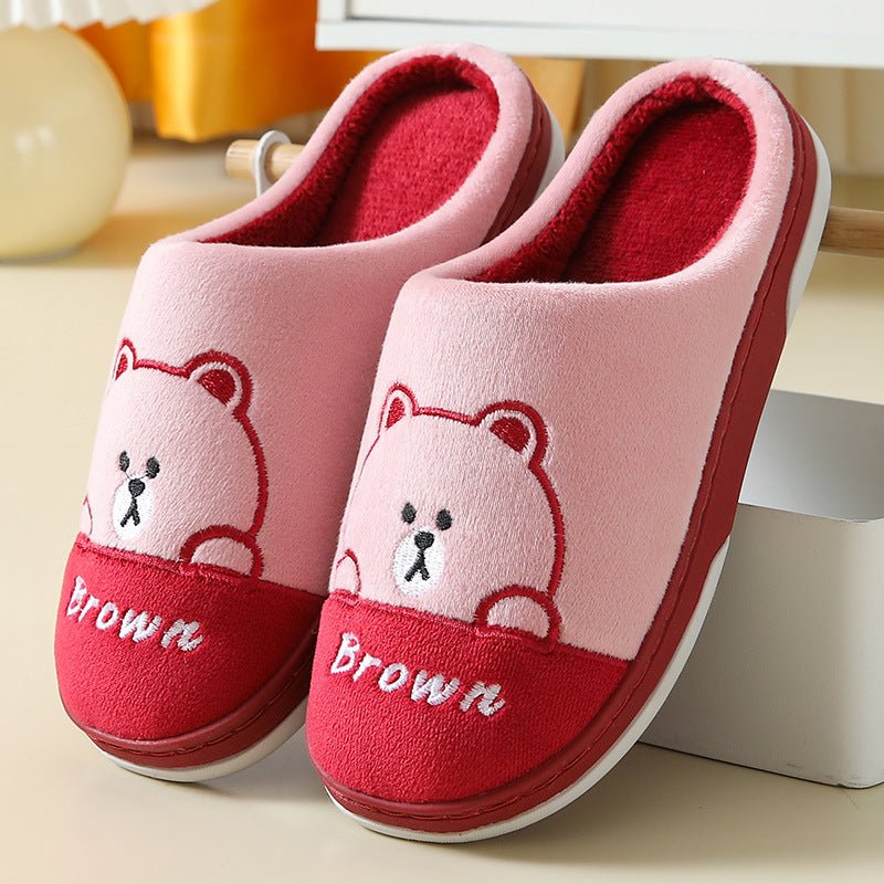 Cute Bears Slippers For Women Couple Indoor Solid Color Slippers Wine Red