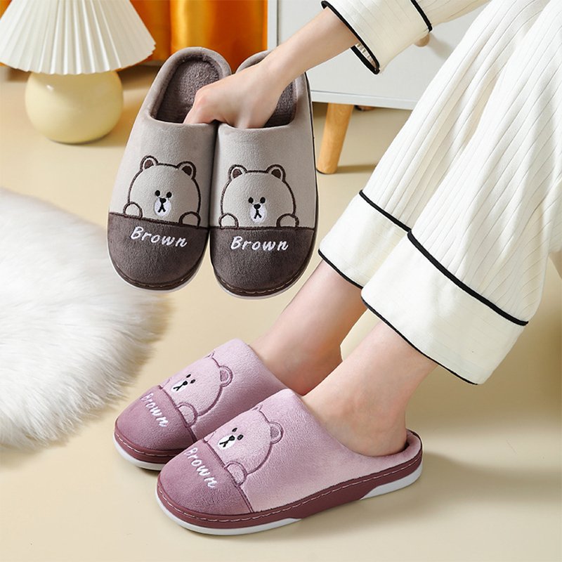 Cute Bears Slippers For Women Couple Indoor Solid Color Slippers Coffee