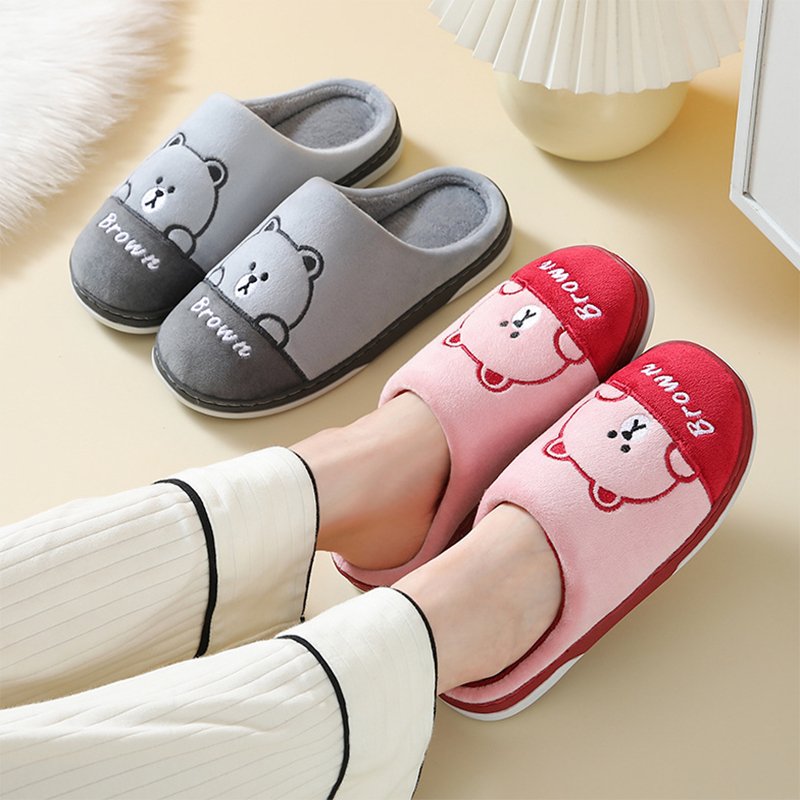 Cute Bears Slippers For Women Couple Indoor Solid Color Slippers Coffee