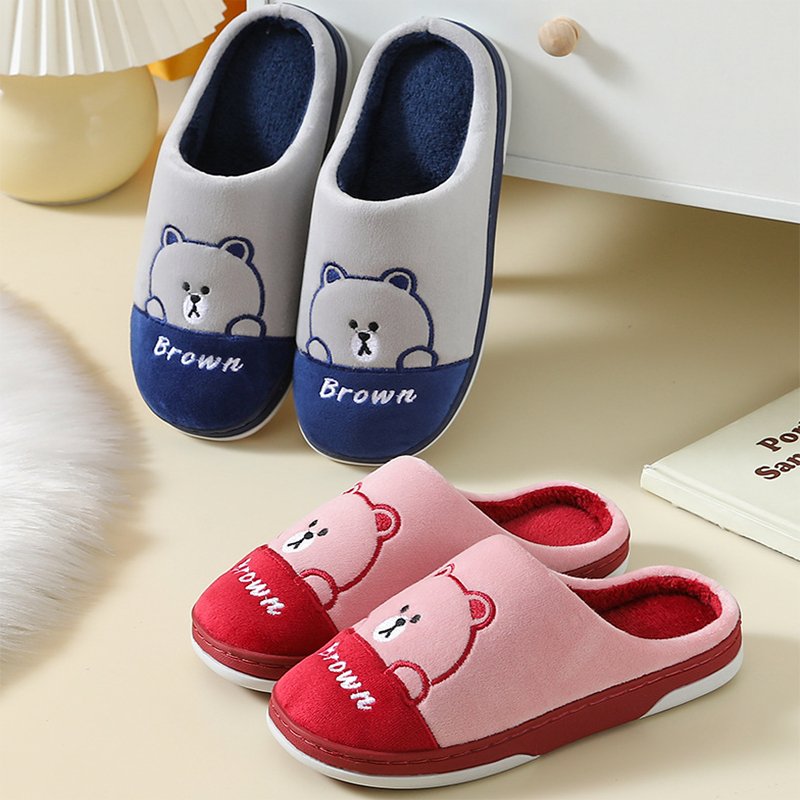 Cute Bears Slippers For Women Couple Indoor Solid Color Slippers Coffee