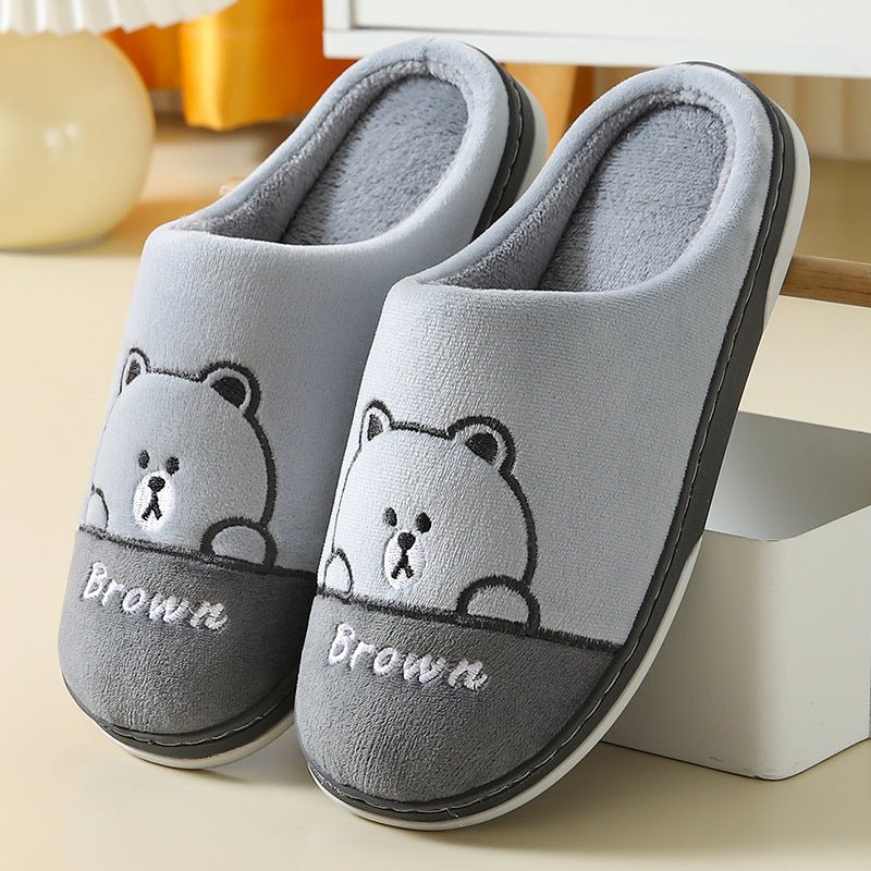 Cute Bears Slippers For Women Couple Indoor Solid Color Slippers Grey