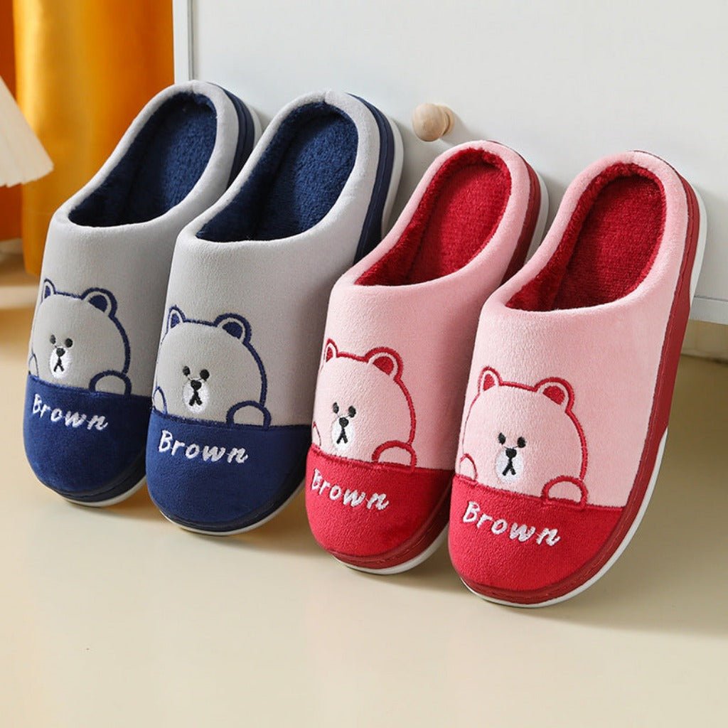 Cute Bears Slippers For Women Couple Indoor Solid Color Slippers Coffee