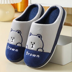 Cute Bears Slippers For Women Couple Indoor Solid Color Slippers Navy Blue