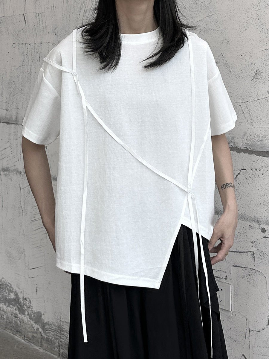 Dark Style Belt Decoration Irregular Short Sleeve White