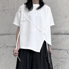 Dark Style Belt Decoration Irregular Short Sleeve White