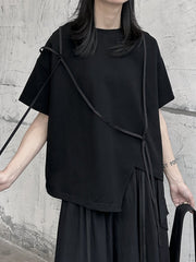 Dark Style Belt Decoration Irregular Short Sleeve Black