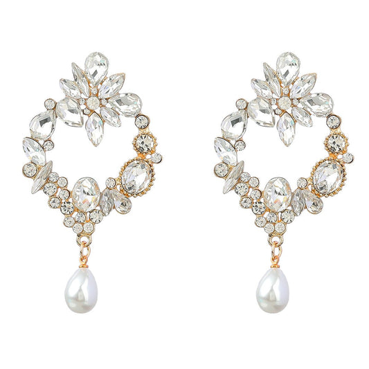 Dazzling Gold Diamond Geometric Flower Women's Faux Pearl Earrings White