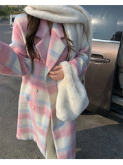 Gorgeous Rainbow Woolen Long Coat Korean Style for Women Pink