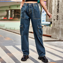 Denim Semi - elastic Design Personality All - match Female Denim Side Pocket Dark Blue