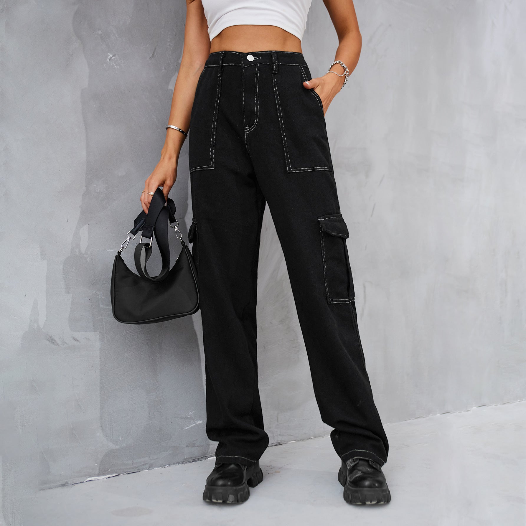 Denim Semi - elastic Design Personality All - match Female Newly Added Black Bright Line