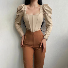 Desire Collar Puff Sleeve Short Top Khaki