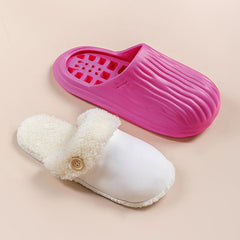 Detachable House Slippers Fluffy With Button Design For Women Men Beige Iiner