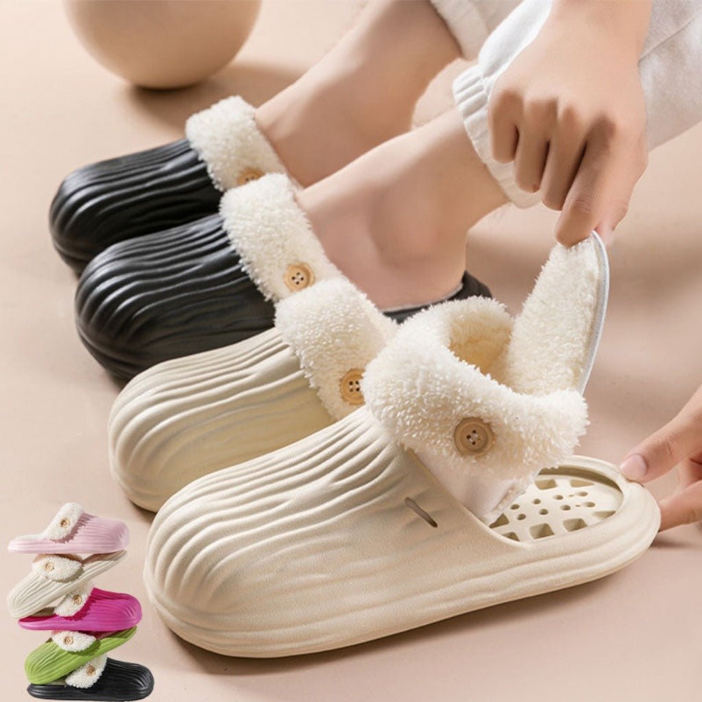 Detachable House Slippers Fluffy With Button Design For Women Men Beige Iiner