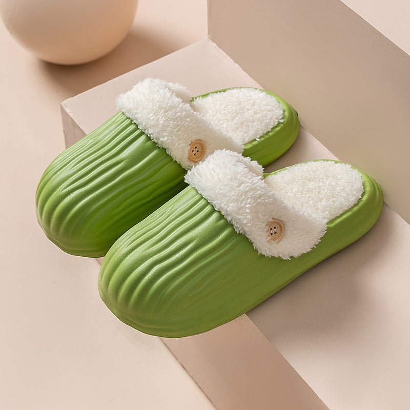 Detachable House Slippers Fluffy With Button Design For Women Men Green