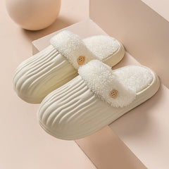 Detachable House Slippers Fluffy With Button Design For Women Men Beige