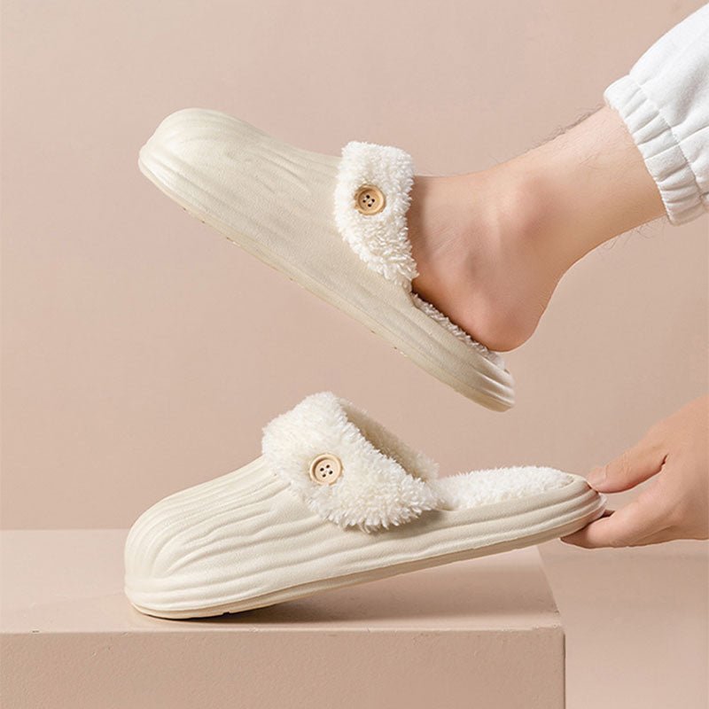 Detachable House Slippers Fluffy With Button Design For Women Men Beige Iiner