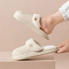 Detachable House Slippers Fluffy With Button Design For Women Men Beige Iiner