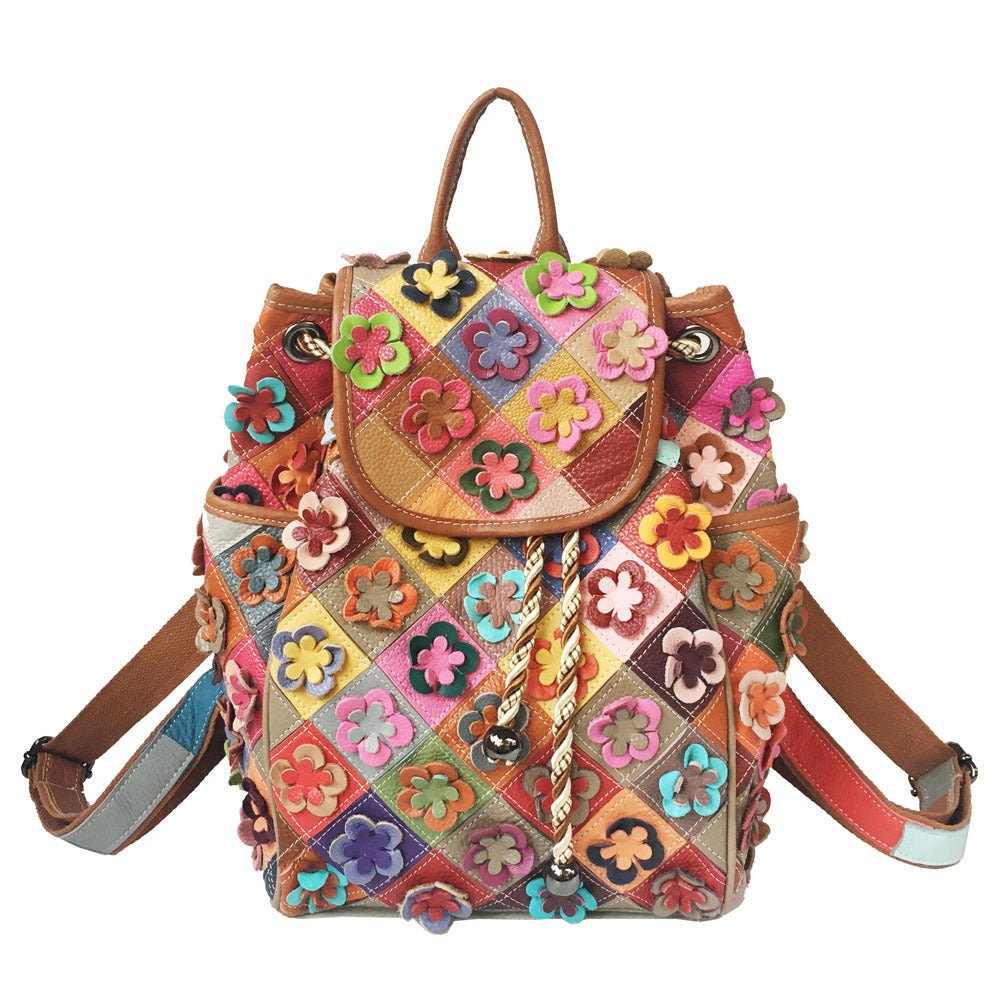 Diamond Checkered Flower Retro Style Cowhide Patchwork Backpack Random Color