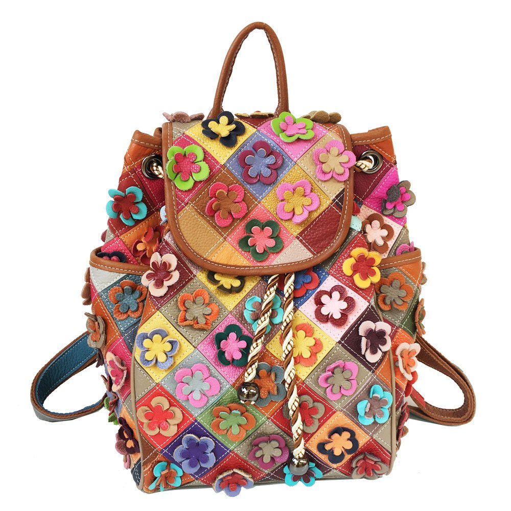 Diamond Checkered Flower Retro Style Cowhide Patchwork Backpack Random Color