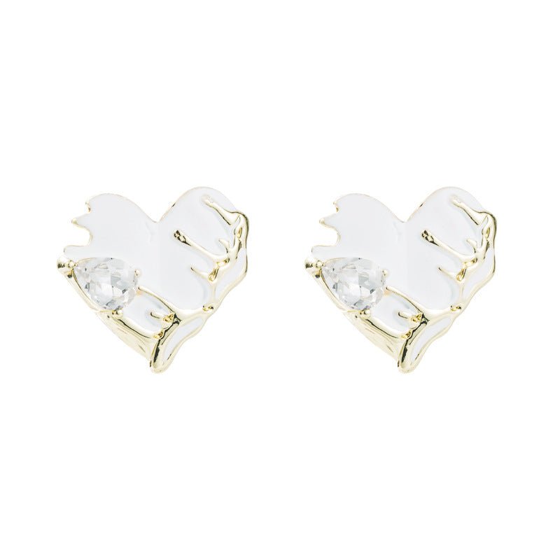 Diamond - Embedded Love Heart Earrings Fashionable Oil Dripping Elegance White