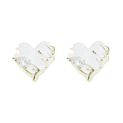 Diamond - Embedded Love Heart Earrings Fashionable Oil Dripping Elegance White