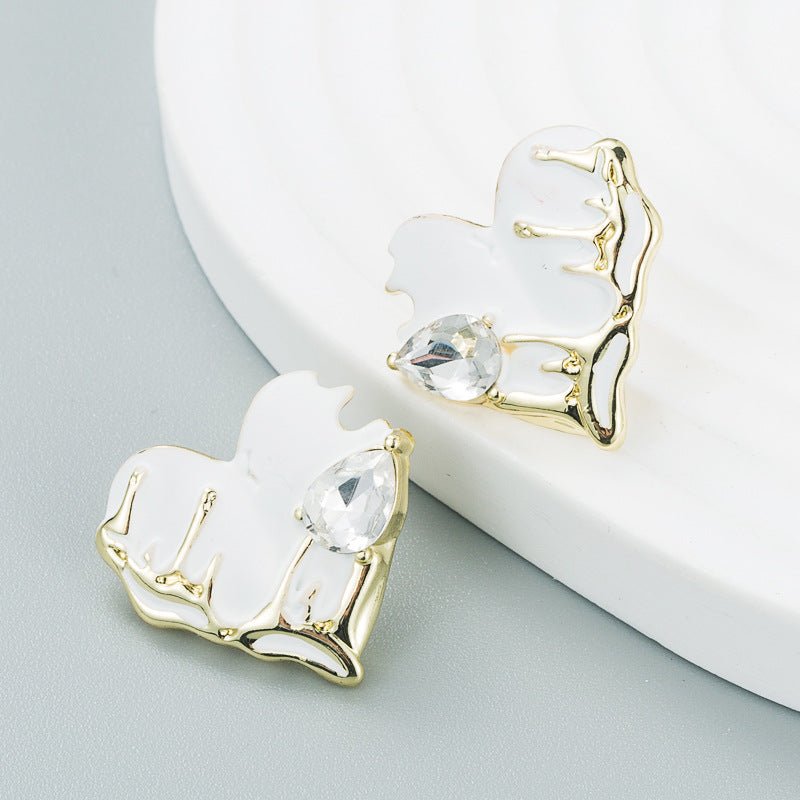 Diamond - Embedded Love Heart Earrings Fashionable Oil Dripping Elegance White