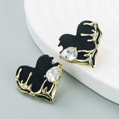 Diamond - Embedded Love Heart Earrings Fashionable Oil Dripping Elegance White