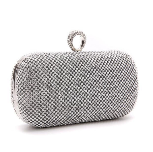 Diamond - Studded Evening Clutch Bag with Chain Sliver