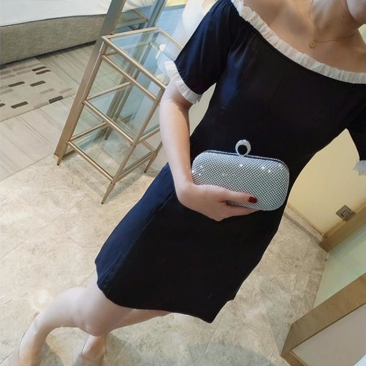 Diamond - Studded Evening Clutch Bag with Chain Black