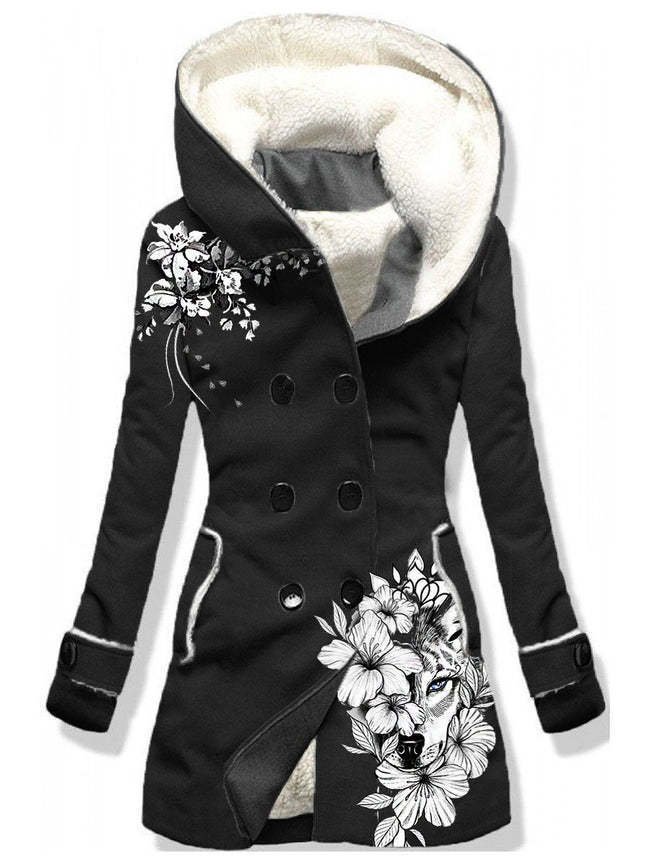 Digital Printing Trendy Double - breasted Fleece - lined breasted Jacket Black