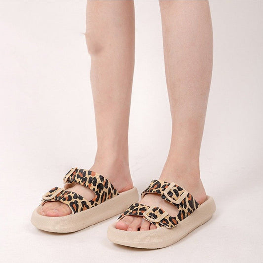 Double Button Stool Feeling Dressy Comfy Stylish Low Heel Sandals Leopard print color