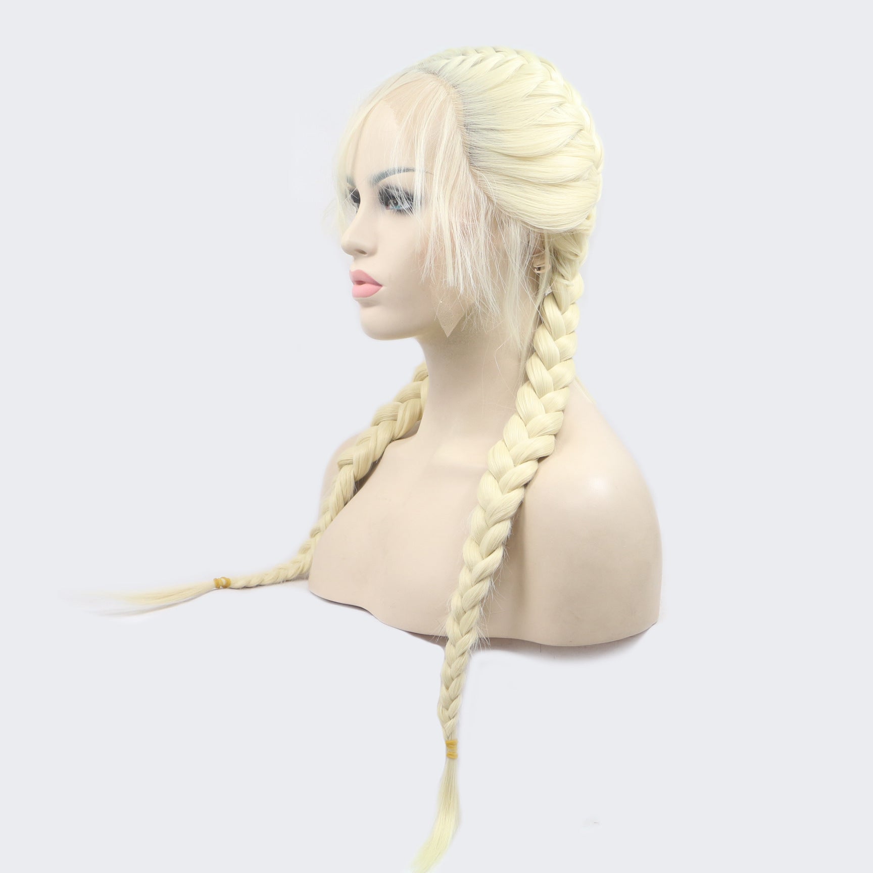 Double Ponytail Fishbone Braid Long Wig with Bangs Yellow