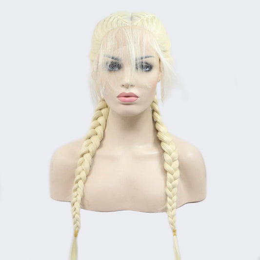 Double Ponytail Fishbone Braid Long Wig with Bangs Yellow