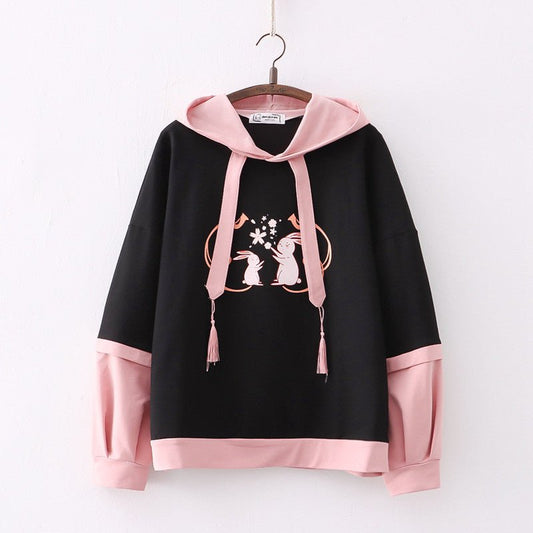 Double Rabbit Print Hooded Student Hoodie Black