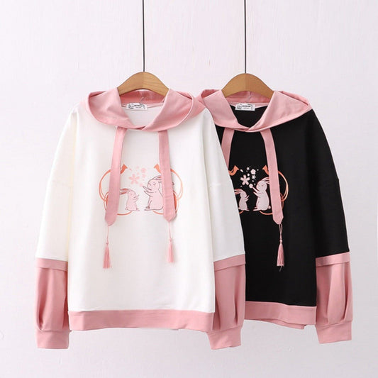 Double Rabbit Print Hooded Student Hoodie Black