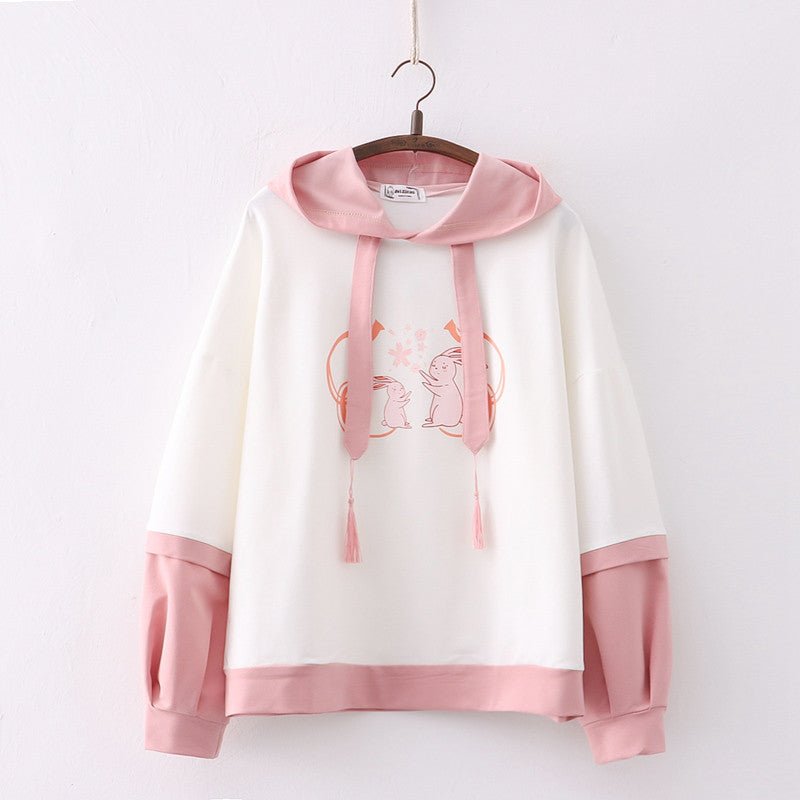 Double Rabbit Print Hooded Student Hoodie White