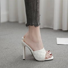 Early Spring Aliexpress Stitched Rhombus High - heel Half - drag Sandals Black