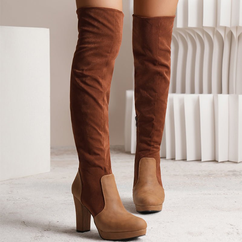 Elastic Suede High Square Heel Over - the - knee Boots Party Shoes Winter Brown