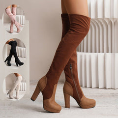 Elastic Suede High Square Heel Over - the - knee Boots Party Shoes Winter Apricot