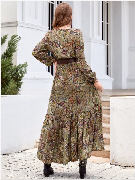 Elegant Bohemian Cashew Print Smocking Waist Holiday Dress Green