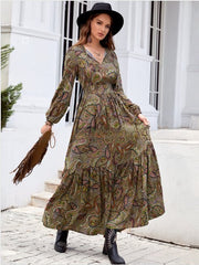 Elegant Bohemian Cashew Print Smocking Waist Holiday Dress Green