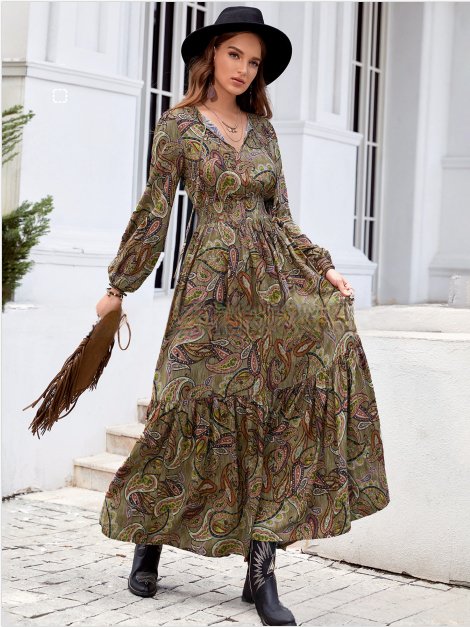 Elegant Bohemian Cashew Print Smocking Waist Holiday Dress Multicolor